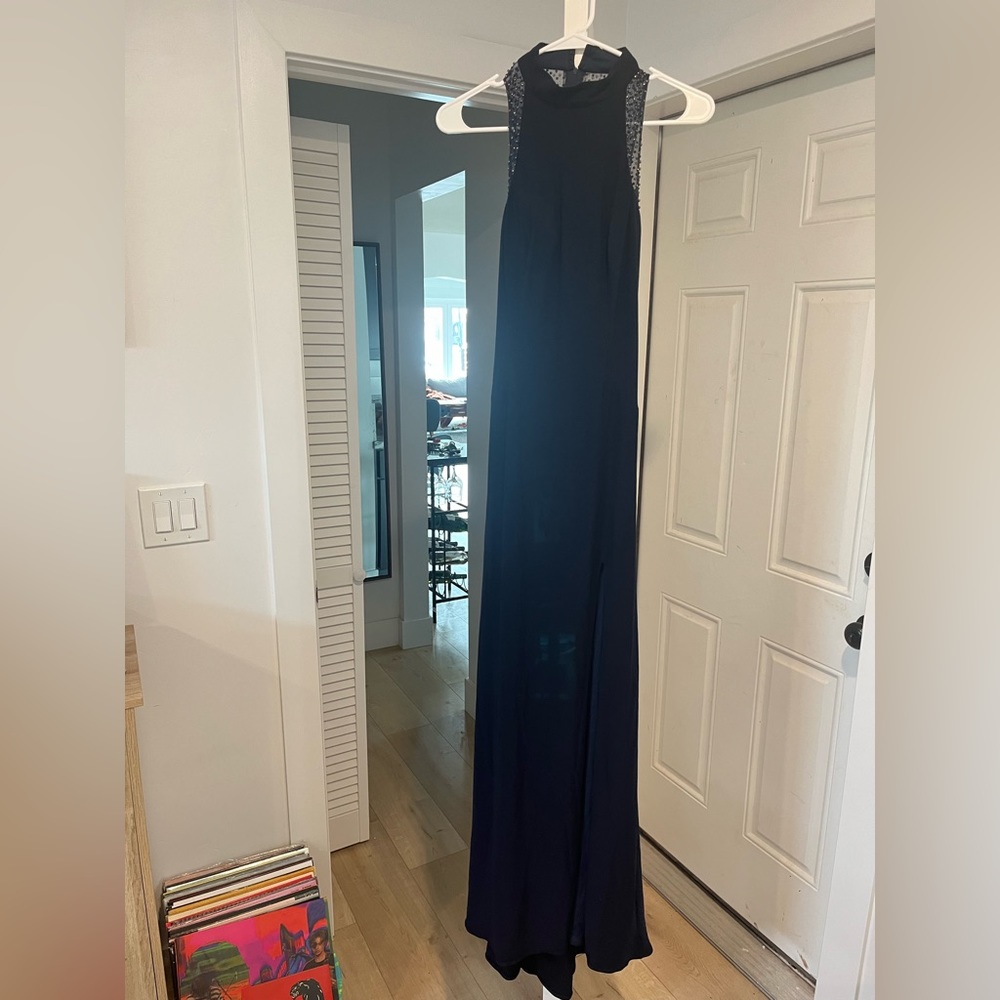 Beautiful Navy Beaded Backless Gown